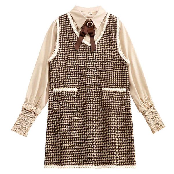 women black khaki lantern long sleeve bow shirt elegant mini vest tweed plaid pocket dress 2 piece set autumn t0283 210514, Black;gray
women black khaki lantern long sleeve bow shirt elegant mini vest tweed plaid pocket dress 2 piece set autumn t0283 210514, Black;gray