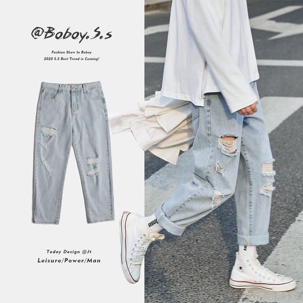 summer thin jeans with holes men's wide legs loose trend light beggars' nine point versatile cec straight pants, Blue
summer thin jeans with holes men's wide legs loose trend light beggars' nine point versatile cec straight pants, Blue