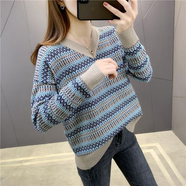women's sweaters v-neck national stripe pullover sweater 34jd-17922 in autumn 2021, White;black
women's sweaters v-neck national stripe pullover sweater 34jd-17922 in autumn 2021, White;black