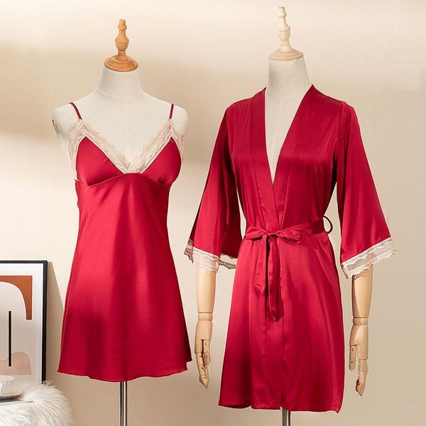 women's sleepwear bride bridesmaid robe set 2pcs satin lace kimono gown womens summer casual thin bathrobe sleeveless strap solid, Black;red
women's sleepwear bride bridesmaid robe set 2pcs satin lace kimono gown womens summer casual thin bathrobe sleeveless strap solid, Black;red