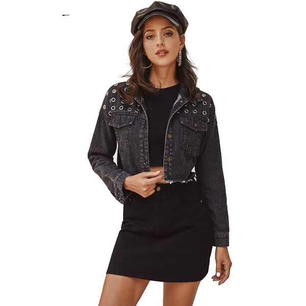 women's jackets fashion black denim coat women turn down collar short single breasted metal holes coats girl outwear, Black;brown
women's jackets fashion black denim coat women turn down collar short single breasted metal holes coats girl outwear, Black;brown