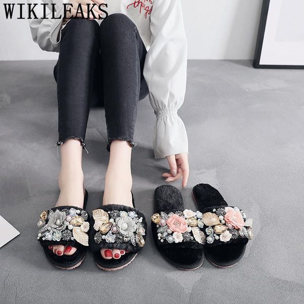 slippers women spring plush indoor fur home shoes diy bedroom flats winter slides, Black