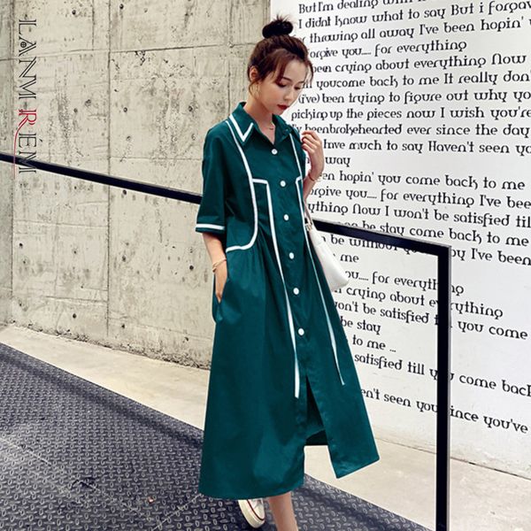 summer dress women's korean version lapel short sleeve with single breasted dresses female clothing 2d1700 210507, Black;gray