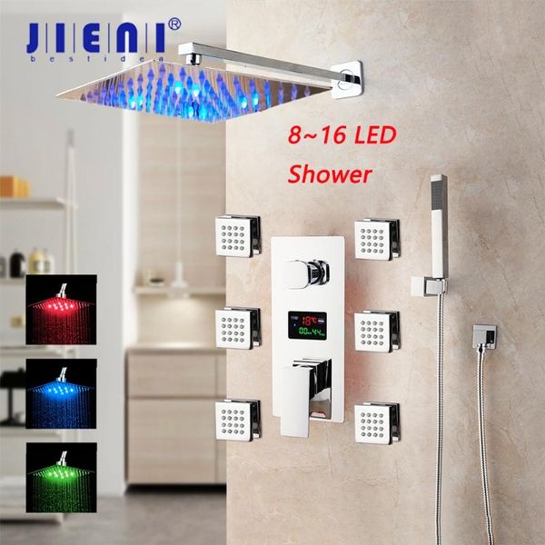 8~16 inch led bathroom shower set faucet square chrome brass message jets digital display rainfall kit hand sets
8~16 inch led bathroom shower set faucet square chrome brass message jets digital display rainfall kit hand sets