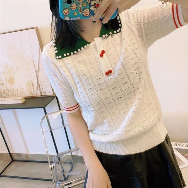 women's t-shirt juicesnow 2021 women summer pearl collar knit cherry button lapel contrast color all-match beaded slimming lady top, White
women's t-shirt juicesnow 2021 women summer pearl collar knit cherry button lapel contrast color all-match beaded slimming lady top, White