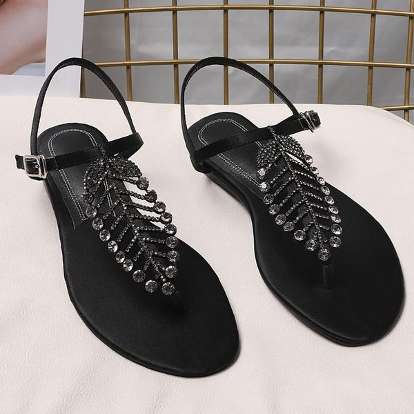 sandals women's silk t-strap flats leaf shape crystal female fashion casual summer sandalias footwear shoes, Black
sandals women's silk t-strap flats leaf shape crystal female fashion casual summer sandalias footwear shoes, Black