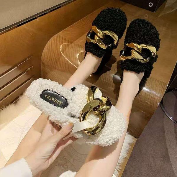 women slipper fashion gold chain slip on mules shoes winter warm lambswool slides casual flat flip flop slippers, Black
women slipper fashion gold chain slip on mules shoes winter warm lambswool slides casual flat flip flop slippers, Black