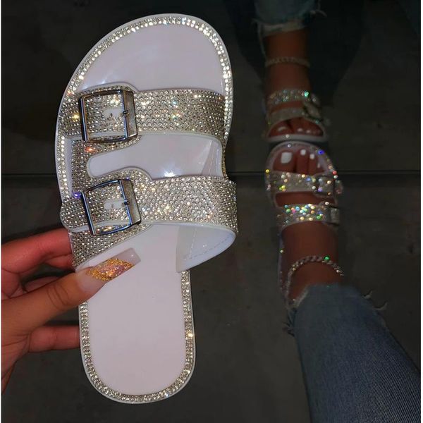 women double-layer rhinestone buckle slippers summer home outside beach shoes fashion bling female diamond flat flip flop, Black 
women double-layer rhinestone buckle slippers summer home outside beach shoes fashion bling female diamond flat flip flop, Black