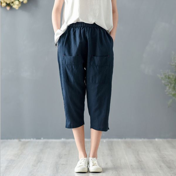 johnature summer cotton linen women pants elastic waist pockets solid color casual trouser vintage women calf pants 210521, White;black
johnature summer cotton linen women pants elastic waist pockets solid color casual trouser vintage women calf pants 210521, White;black