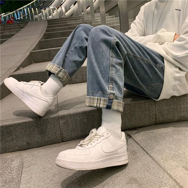 men's jeans spring ins fashion brand 9-point men straight tube loose old dad pants korean direct selling, Blue 
men's jeans spring ins fashion brand 9-point men straight tube loose old dad pants korean direct selling, Blue