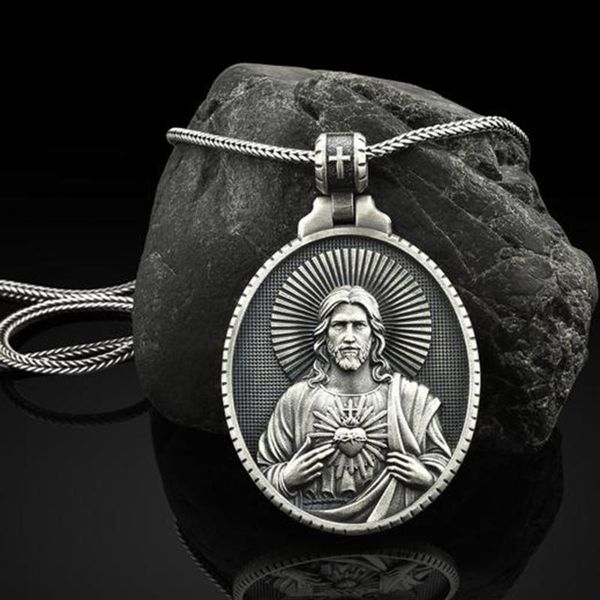 pendant necklaces punk christian jesus cross sacred heart necklace retro men catholic religious chain for amulet gift, Silver 
pendant necklaces punk christian jesus cross sacred heart necklace retro men catholic religious chain for amulet gift, Silver