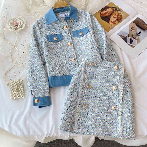 two piece dress retro denim female jacket tweed two suit garments skirt high waist spring/autumn chess j9or, White
two piece dress retro denim female jacket tweed two suit garments skirt high waist spring/autumn chess j9or, White