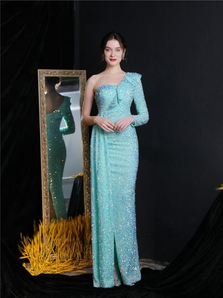 party dresses long sleeved one shoulder for women evening 2021 glitter ruffles slit banquet celebrity generous formal gowns, White;black
party dresses long sleeved one shoulder for women evening 2021 glitter ruffles slit banquet celebrity generous formal gowns, White;black