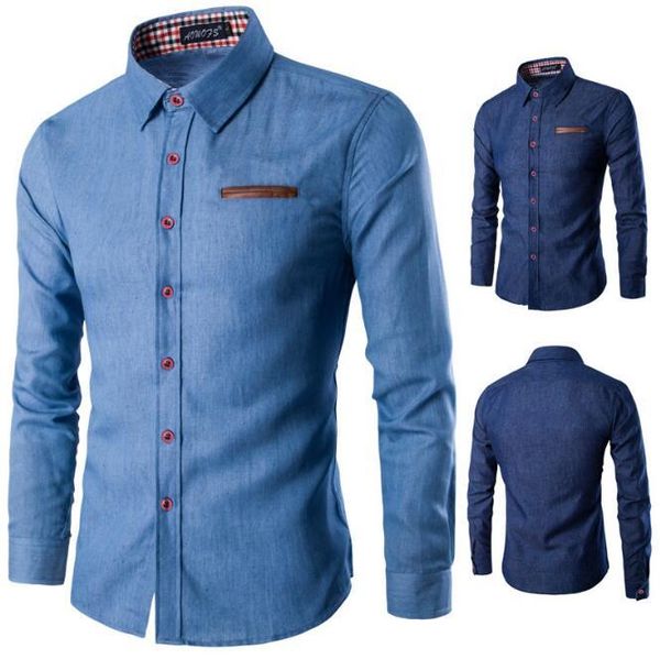 men's leather pocket cotton casual washed slim long-sleeved denim shirt shirts, White;black
men's leather pocket cotton casual washed slim long-sleeved denim shirt shirts, White;black