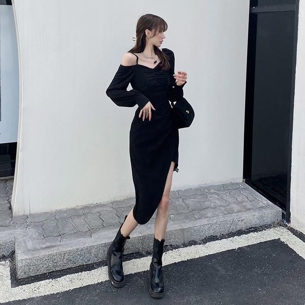 women corduroy asymmertrical dress black khaki patchwork long sleeve chic elegant casual dresses, Black;gray
women corduroy asymmertrical dress black khaki patchwork long sleeve chic elegant casual dresses, Black;gray
