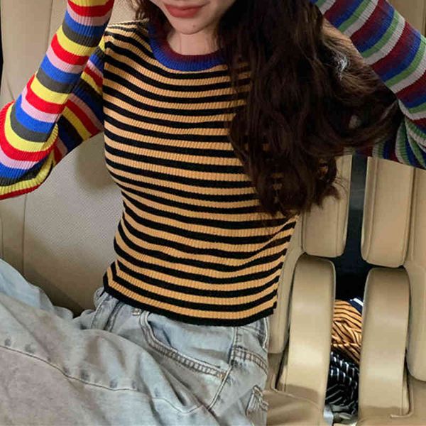 women's t-shirt fashion rainbow striped knitted pullovers spring women student wind casual knit sweater female crop long sleeve sweate, White
women's t-shirt fashion rainbow striped knitted pullovers spring women student wind casual knit sweater female crop long sleeve sweate, White