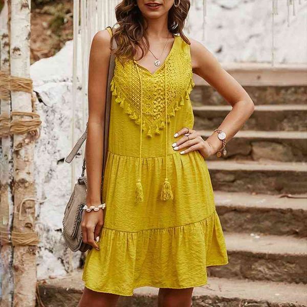 summer casual v neck solid womens dress sleeveless lace tassels decor mini dresses boho ruffle beach holiday elegant yellow, Black;gray
summer casual v neck solid womens dress sleeveless lace tassels decor mini dresses boho ruffle beach holiday elegant yellow, Black;gray