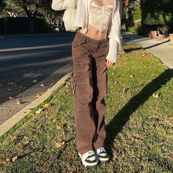 women's jeans sweetown brown vintage low waist women streetwear cargo pants with sashes drawstring pockets tie straight denim trousers, Blue
women's jeans sweetown brown vintage low waist women streetwear cargo pants with sashes drawstring pockets tie straight denim trousers, Blue
