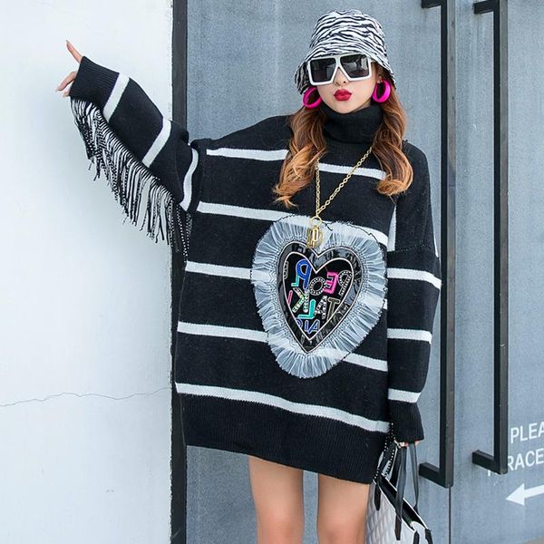 women's sweaters european station striped outer sweater female heavy industry patch padded pullover turtleneck woman, White;black
women's sweaters european station striped outer sweater female heavy industry patch padded pullover turtleneck woman, White;black