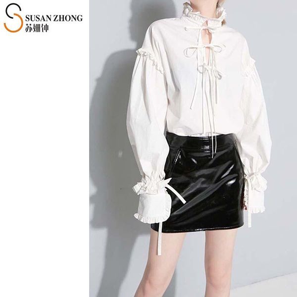 women shirts female blouses ladies japan style designer fall spring loose cotton stand collar bow cuff frills drop shoulder women's &, White
women shirts female blouses ladies japan style designer fall spring loose cotton stand collar bow cuff frills drop shoulder women's &, White