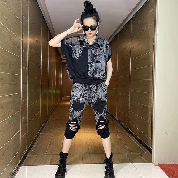 women's tracksuits women 's suit 2021 summer korean style loose slimming european and american gauzy stitching ripped harem pants, Gray
women's tracksuits women 's suit 2021 summer korean style loose slimming european and american gauzy stitching ripped harem pants, Gray