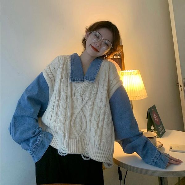 women's sweaters korean winter casual all-match pullover denim splicing sweater design loose full sleeve twist hole knitting women, White;black
women's sweaters korean winter casual all-match pullover denim splicing sweater design loose full sleeve twist hole knitting women, White;black