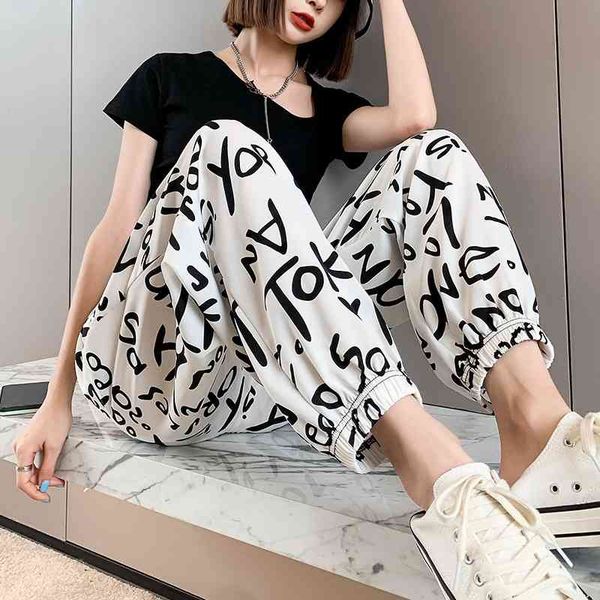 ice silk black white joggers letter women's harem pants high waist summer trousers for women casual loose sweatpants 210603
ice silk black white joggers letter women's harem pants high waist summer trousers for women casual loose sweatpants 210603