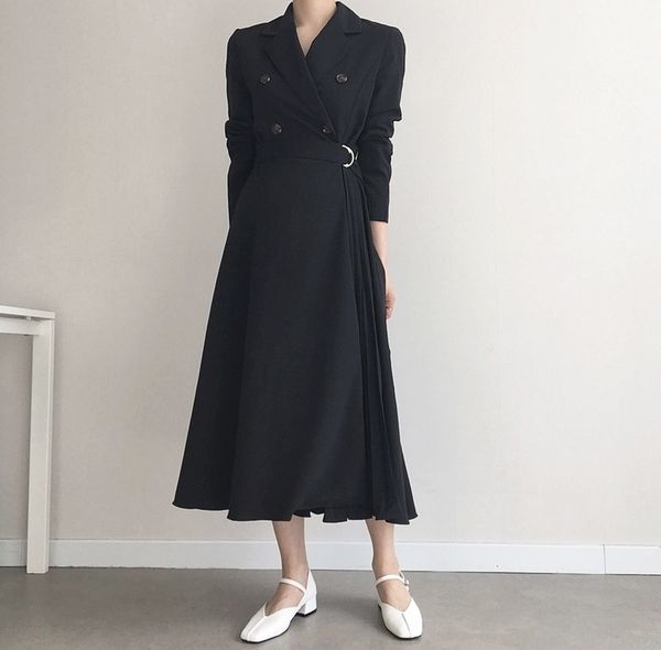 office lady minimalist autumn dress women long sleeve double-breasted suit collar fashion solid dresses 210421, Black;gray
office lady minimalist autumn dress women long sleeve double-breasted suit collar fashion solid dresses 210421, Black;gray