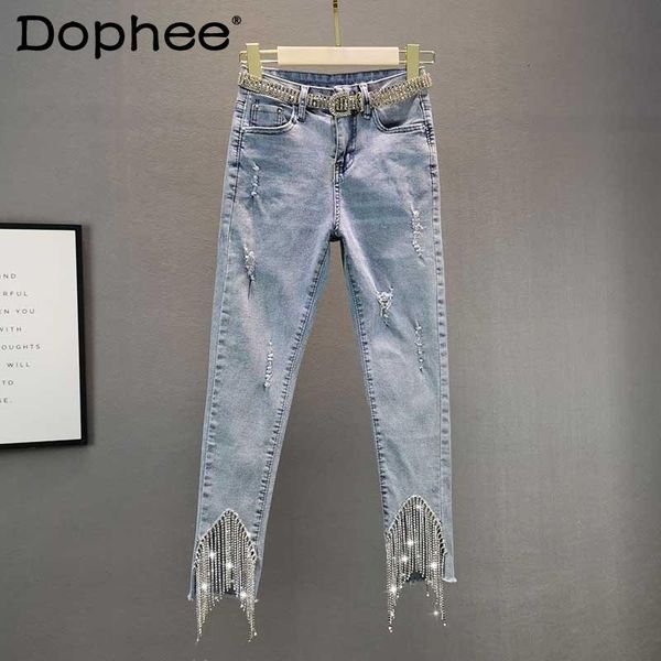 women's jeans spring 2021 rhinestone fringed pencil pants stretch slim high waist light blue ripped women denim female trouses
women's jeans spring 2021 rhinestone fringed pencil pants stretch slim high waist light blue ripped women denim female trouses