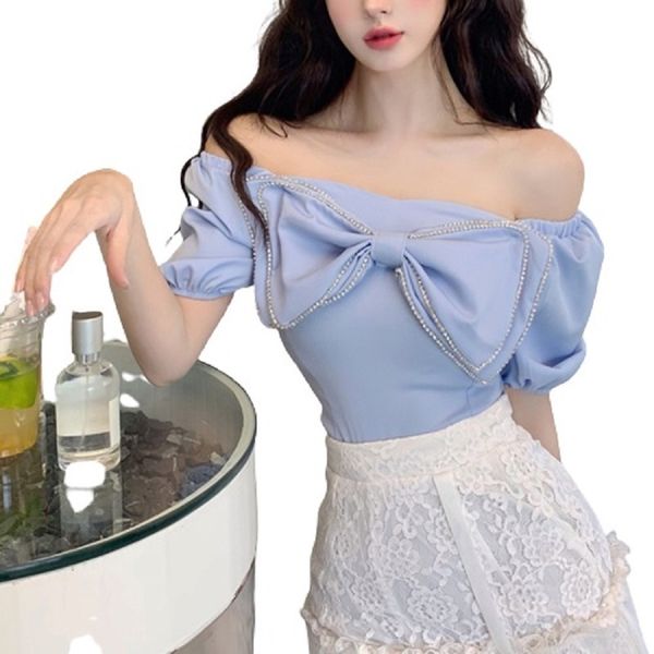 elegant sweet summer blue diamonds bow shirring square collar puff sleeve short shirt blouse b3080 210514, White
elegant sweet summer blue diamonds bow shirring square collar puff sleeve short shirt blouse b3080 210514, White