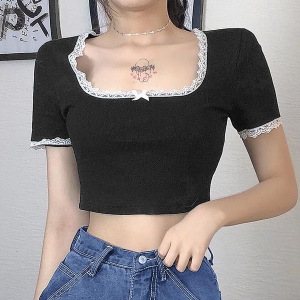 women's t-shirt scoop neck lace trim solid color rib knit tee shirt 2021 summer fall spring womens short sleeve crop s  l, White 
women's t-shirt scoop neck lace trim solid color rib knit tee shirt 2021 summer fall spring womens short sleeve crop s  l, White