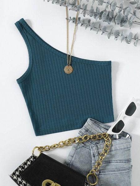 one shoulder rib-knit crop n9hk#, White