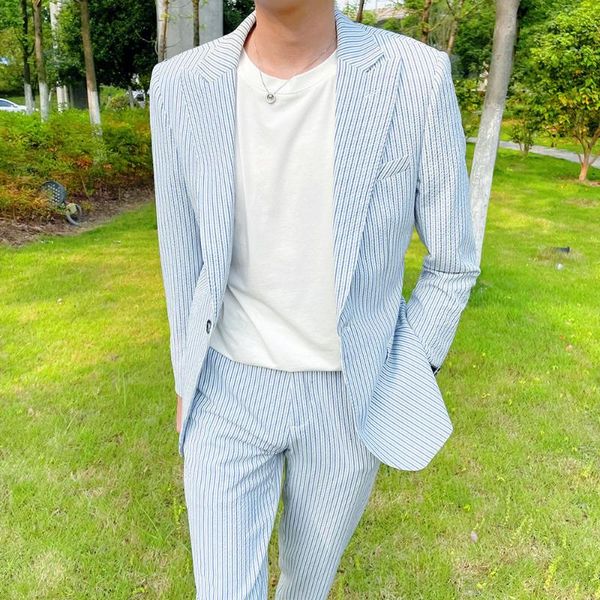 men's suits & blazers italian seesucker pin stripe suit two piece jacket+pant korean bubble men's skinny smoking homme mariage tern, White;black
men's suits & blazers italian seesucker pin stripe suit two piece jacket+pant korean bubble men's skinny smoking homme mariage tern, White;black