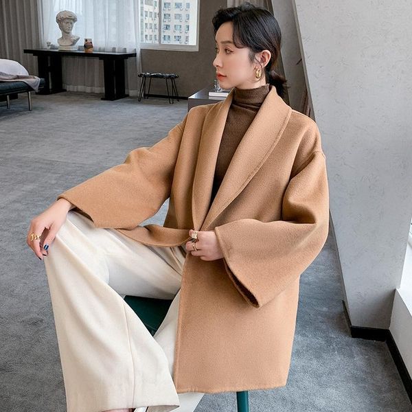 women's wool & blends 2021 autumn and winter double-sided coat middle long leather belt tweed light luxury, Black
women's wool & blends 2021 autumn and winter double-sided coat middle long leather belt tweed light luxury, Black