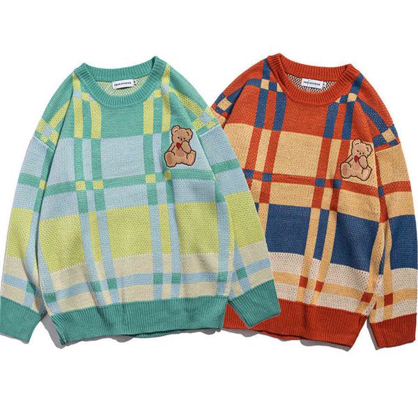 men's sweaters thick chic plaid sweater lovely bear plaid embroidered round neck loose bracelet big coat woman man, White;black
men's sweaters thick chic plaid sweater lovely bear plaid embroidered round neck loose bracelet big coat woman man, White;black