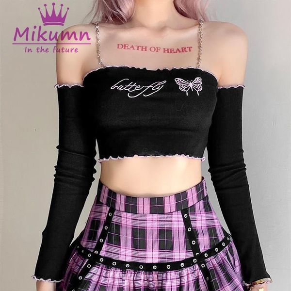 women's t-shirt off shoulder long sleeve crop women gothic black letter embroidery slim chain sling bodycon tees chic streetwear, White
women's t-shirt off shoulder long sleeve crop women gothic black letter embroidery slim chain sling bodycon tees chic streetwear, White