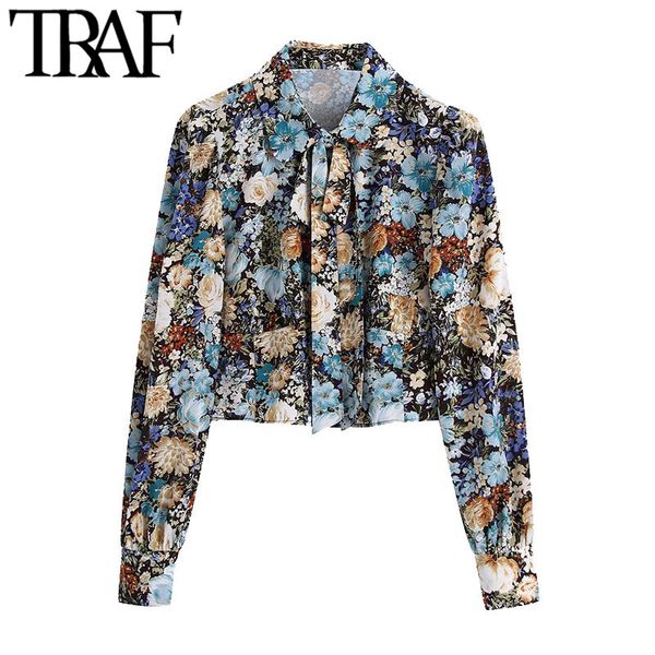 traf women fashion with bow tie floral print cropped blouses vintage long sleeve button-up female shirts blusas chic 210415, White 
traf women fashion with bow tie floral print cropped blouses vintage long sleeve button-up female shirts blusas chic 210415, White