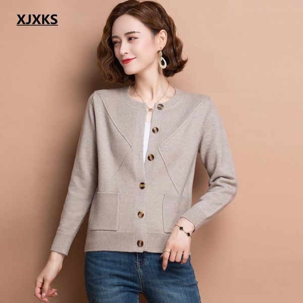 women's knits & tees xjxks 2021 autumn winter cardigan women single-breasted sweater high-quality comfortable cashmere knitted coat, White 
women's knits & tees xjxks 2021 autumn winter cardigan women single-breasted sweater high-quality comfortable cashmere knitted coat, White