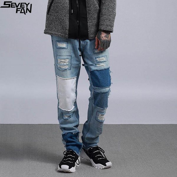 men's jeans seveyfan distressed patchwork patch wide leg pants fashion washed hole denim trousers, Blue
men's jeans seveyfan distressed patchwork patch wide leg pants fashion washed hole denim trousers, Blue