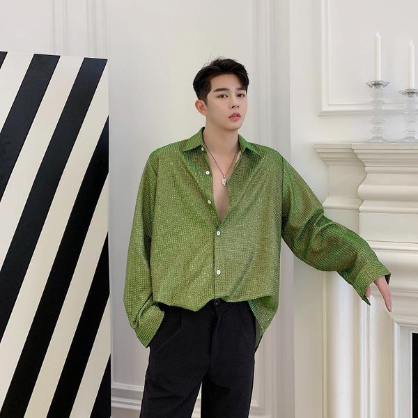men shiny weave long sleeve casual shirts male fashion show stage dress nightclub clothes men's, White;black
men shiny weave long sleeve casual shirts male fashion show stage dress nightclub clothes men's, White;black