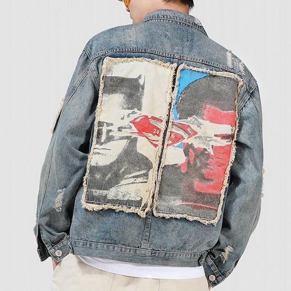 men's jackets harjuka fashion mens printing patch ripped denim long sleeve single breasted hip hop loose male jeans outerwear coats, Black;brown
men's jackets harjuka fashion mens printing patch ripped denim long sleeve single breasted hip hop loose male jeans outerwear coats, Black;brown