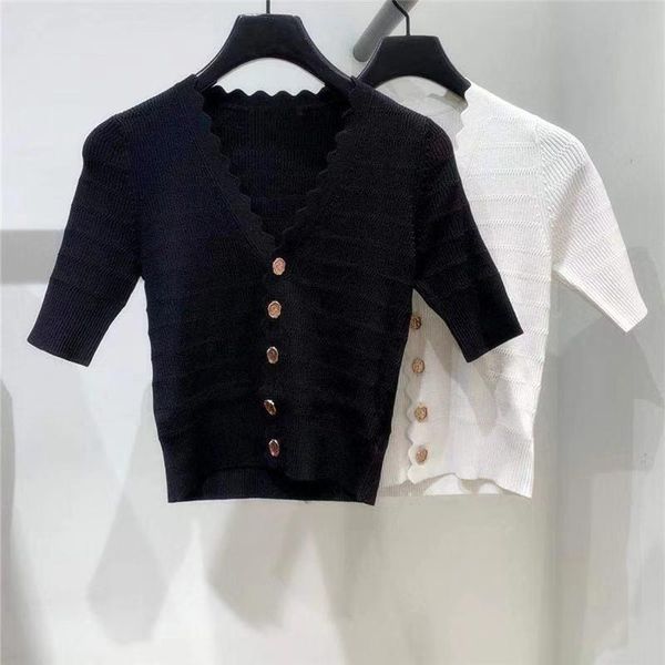 women's knits & tees 2021 style wavy lace collar irregular buttons ladies slim short short-sleeved knitted cardigan, White
women's knits & tees 2021 style wavy lace collar irregular buttons ladies slim short short-sleeved knitted cardigan, White