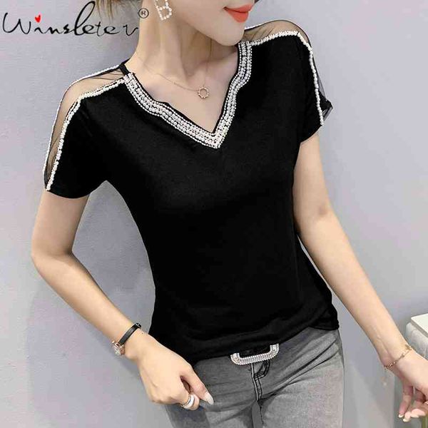 women's t-shirt summer korean style cotton v-neck shiny beading women patchwork mesh short sleeve all match tees t15525a, White
women's t-shirt summer korean style cotton v-neck shiny beading women patchwork mesh short sleeve all match tees t15525a, White
