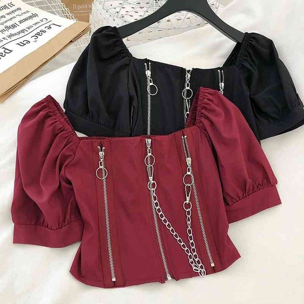 women punk blouse spring autumn long sleeve square neck crop korean ladies zipper casual short 210602, White
women punk blouse spring autumn long sleeve square neck crop korean ladies zipper casual short 210602, White