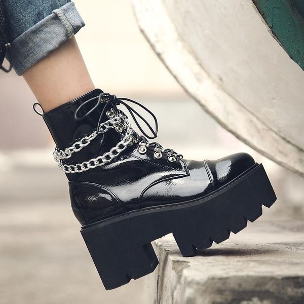boots 2021 star same patent leather thick bottom round head chain zipper punk style high heeled, Black
boots 2021 star same patent leather thick bottom round head chain zipper punk style high heeled, Black