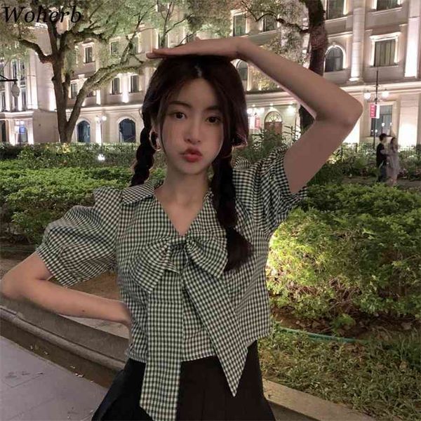 women summer puff sleeve green plaid crop vintage v-neck bow design elegant shirt korean ladies short 210519, White
women summer puff sleeve green plaid crop vintage v-neck bow design elegant shirt korean ladies short 210519, White