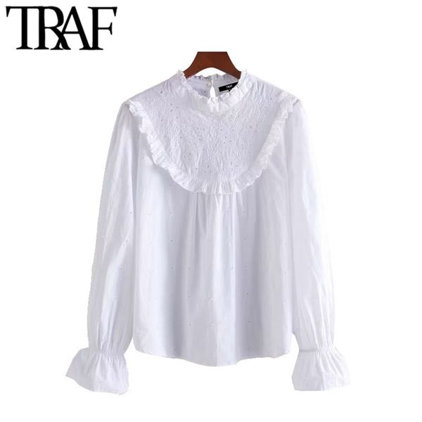 women sweet fashion hollow out embroidery ruffled blouses vintage o neck long sleeve female shirts blusa chic 210507, White
women sweet fashion hollow out embroidery ruffled blouses vintage o neck long sleeve female shirts blusa chic 210507, White