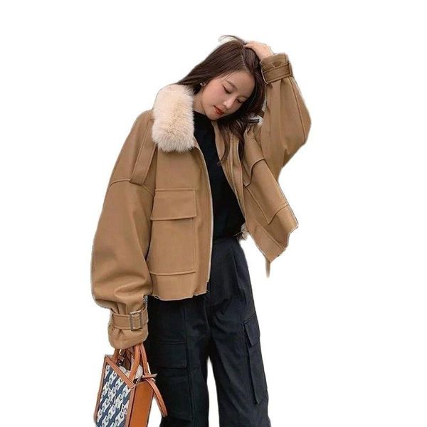 women's leather & faux fashion big fur collar parker short 2021 winter korean style warm and suede motorcycle jacket, Black
women's leather & faux fashion big fur collar parker short 2021 winter korean style warm and suede motorcycle jacket, Black