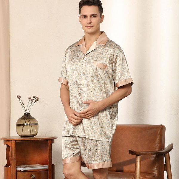 men khaki print pajamas set short sleeve sleep satin silky 2pcs sleepwear male shirt&shorts casual loungewear pyjamas pour men's, Black;brown
men khaki print pajamas set short sleeve sleep satin silky 2pcs sleepwear male shirt&shorts casual loungewear pyjamas pour men's, Black;brown