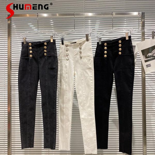 women's jeans 2021 autumn ladies retro streetwear double row metal buckle denim pants fashion simple solid slimming pencil, Blue
women's jeans 2021 autumn ladies retro streetwear double row metal buckle denim pants fashion simple solid slimming pencil, Blue